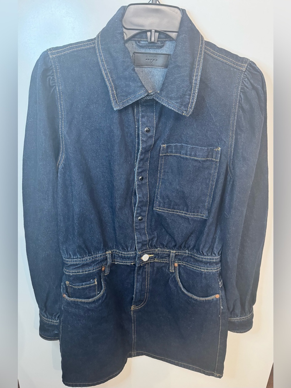 Blank NYC Dark Wash Denim Puff Sleeve Utility Shirt Dress Medium